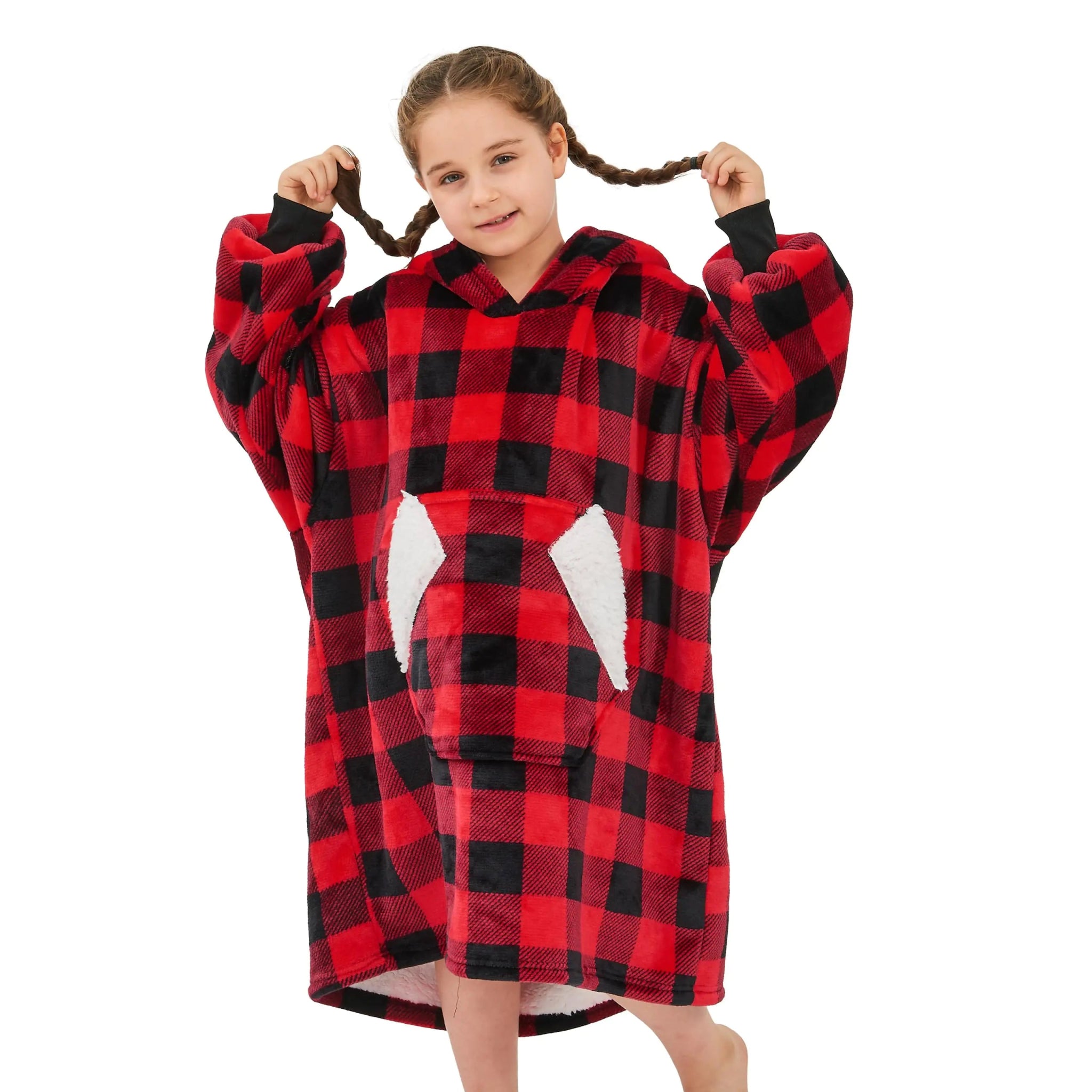 Kids Sherpa Wearable Blanket Hoodie - Cozy Red PlaidShineCraft
