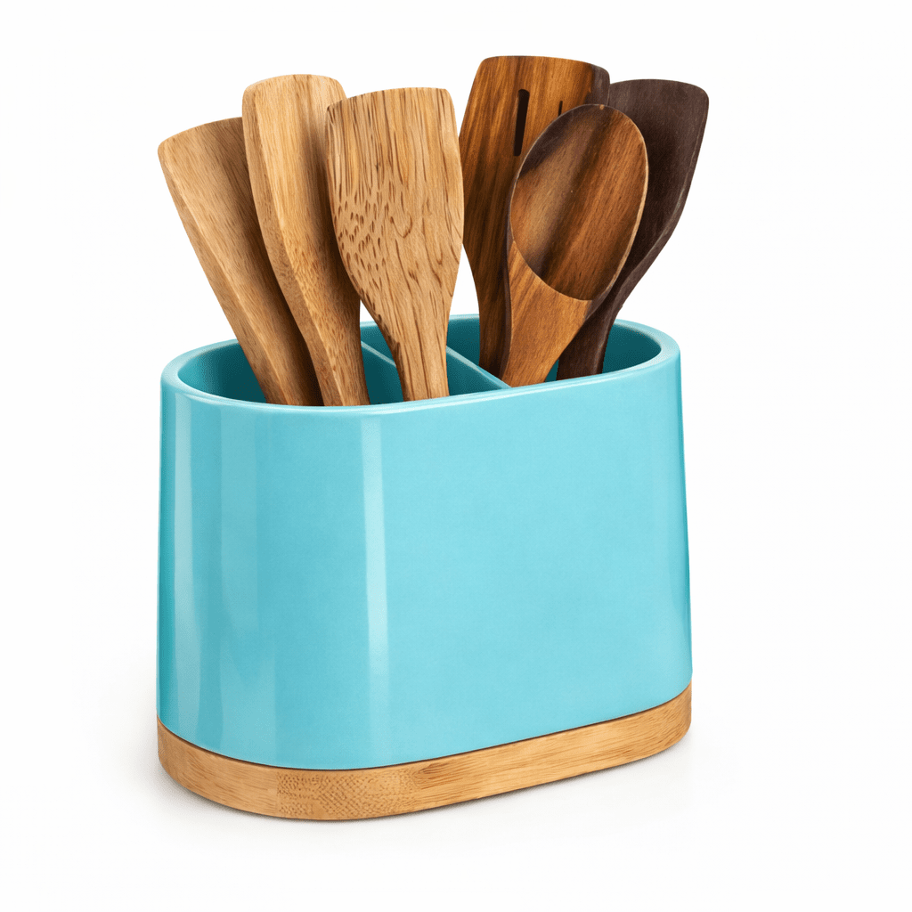 Minimalist Ceramic Utensil Holder with Bamboo BaseShineCraft