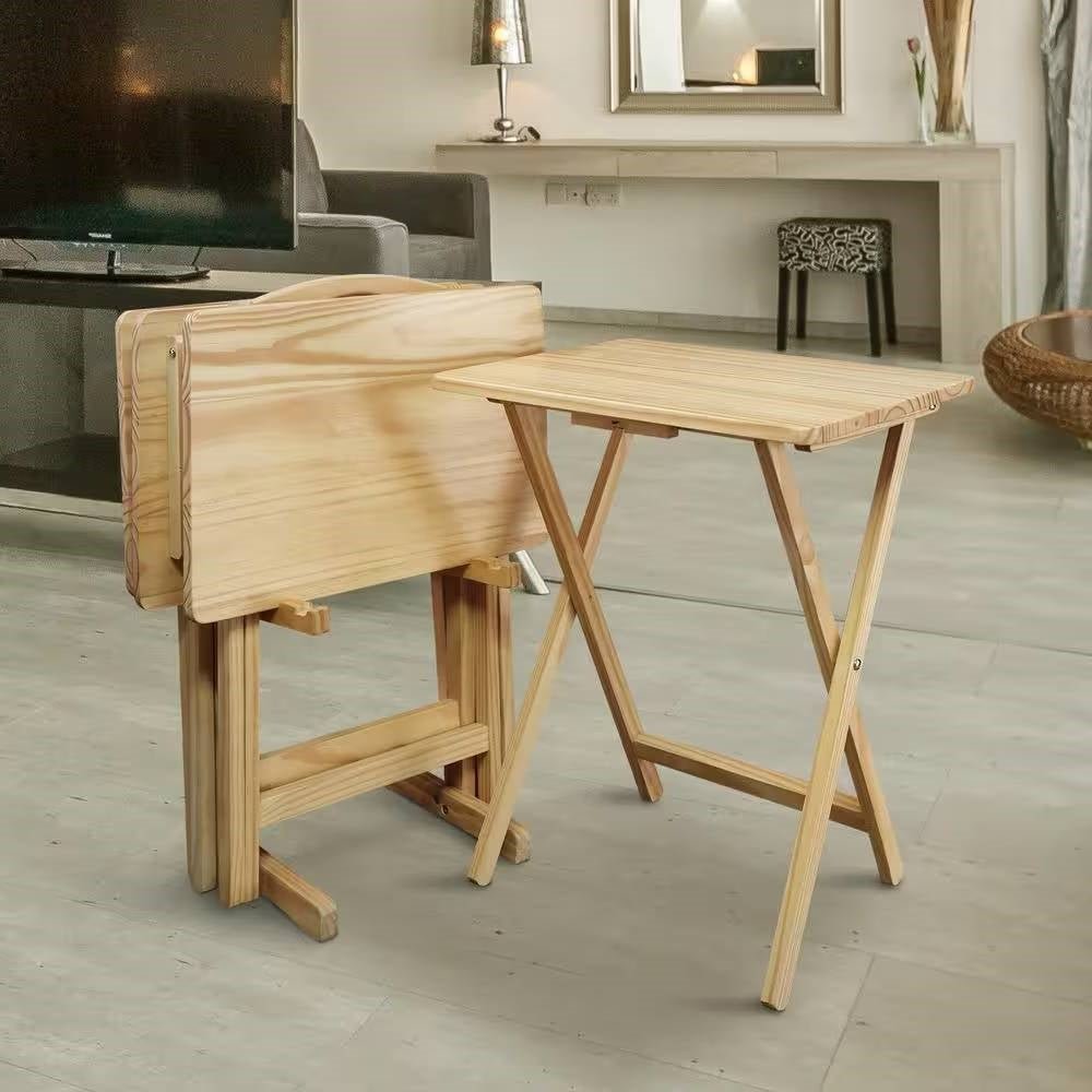 Solid Wood Folding TV Tray Table Set with Storage Stand - Natural FinishLiving Room > TV Tray Tables & Bed TraysShineCraft
